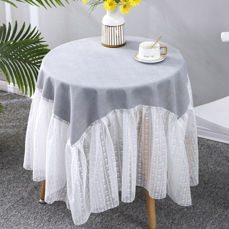 ins风纯色法式桌布小圆桌轻奢高级感蕾丝花边圆形台布盖布茶几布