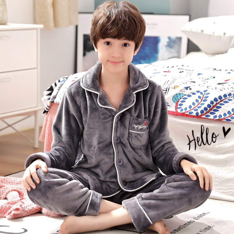 中大童青少年睡衣男孩秋冬季法兰绒加厚初中学生珊瑚绒家居服套装
