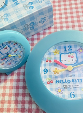稀有绝版中古1999年hello kitty樱桃蓝色时钟挂钟摆件桌面钟