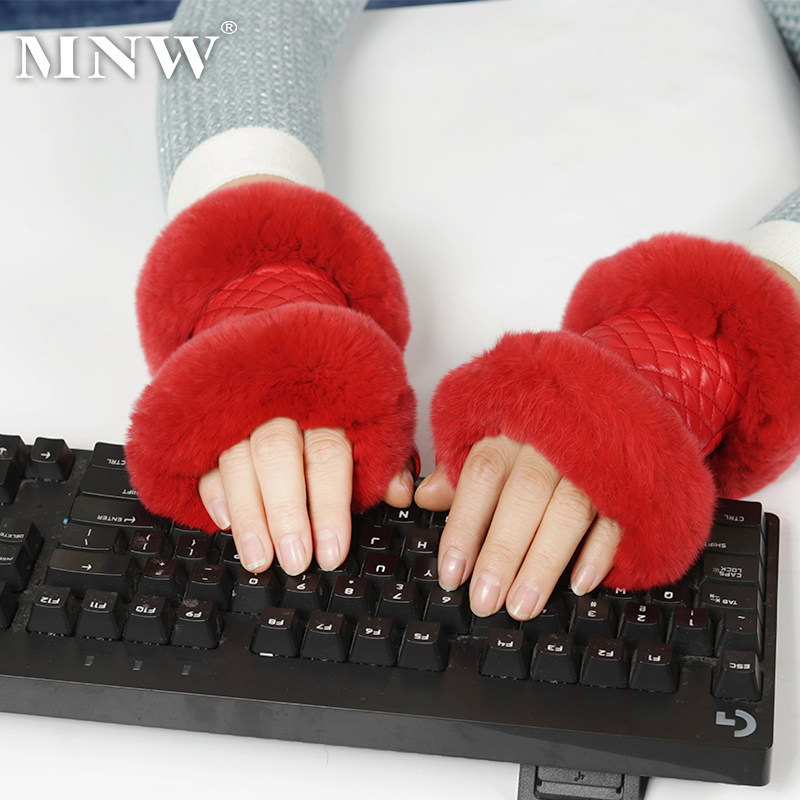 加薄绒韩版打字真兔毛半指手套