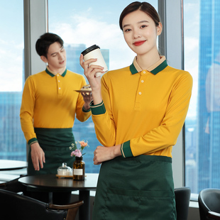 餐饮服务员工作服长袖定制奶茶快餐厅火锅饭店传菜员工装t恤印绣