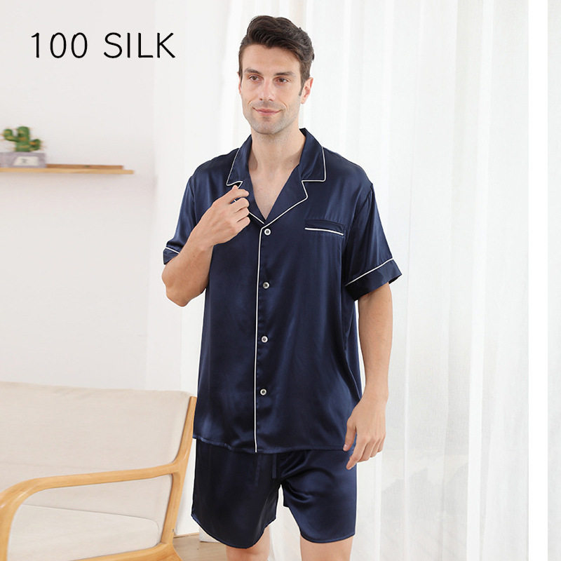 22姆米男士重磅真丝睡衣夏100%桑蚕丝短袖短裤套装缎面丝绸家居服