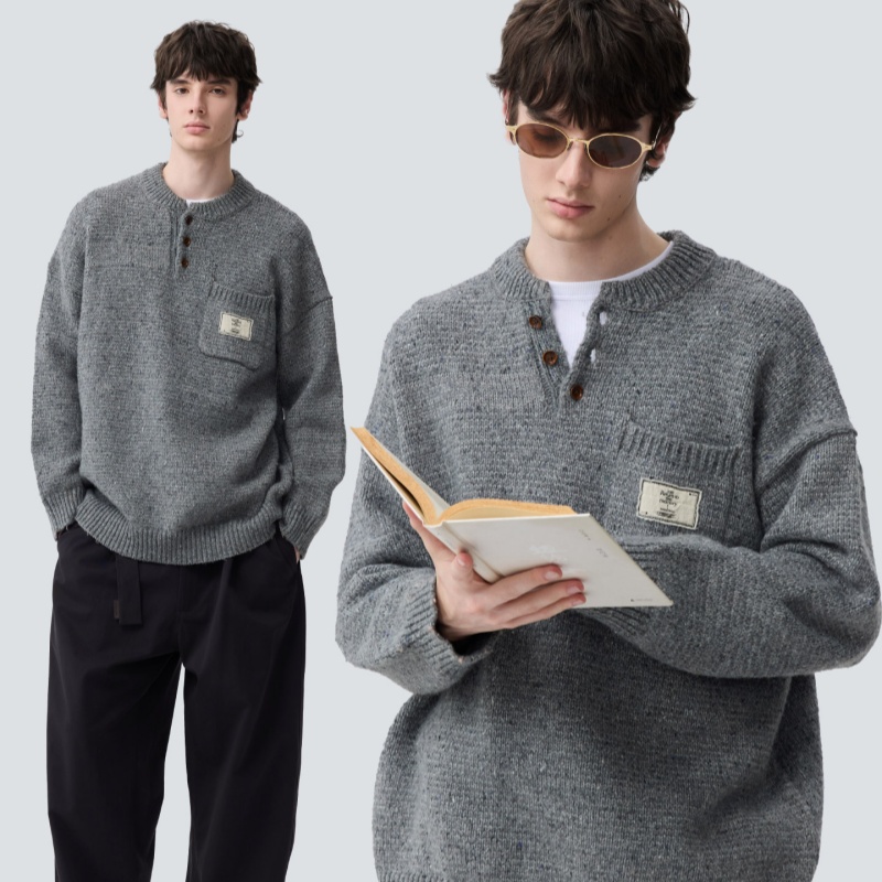 秋冬季毛衣男款新款亨利领宽松黑色线衣加厚外套慵懒潮牌针织衫男