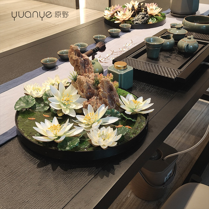 酒店餐桌花摆花高端新中式花仿真花假花莲花圆桌转盘餐厅装饰摆件