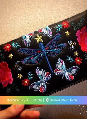 现货 正品英国SKINNYDIP黑色红花刺绣蜻蜓图案长款钱包钱夹