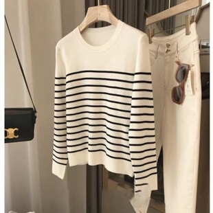 黑白条纹精纺羊毛针织衫女26新款圆领薄款长袖套头宽松打底衫上衣