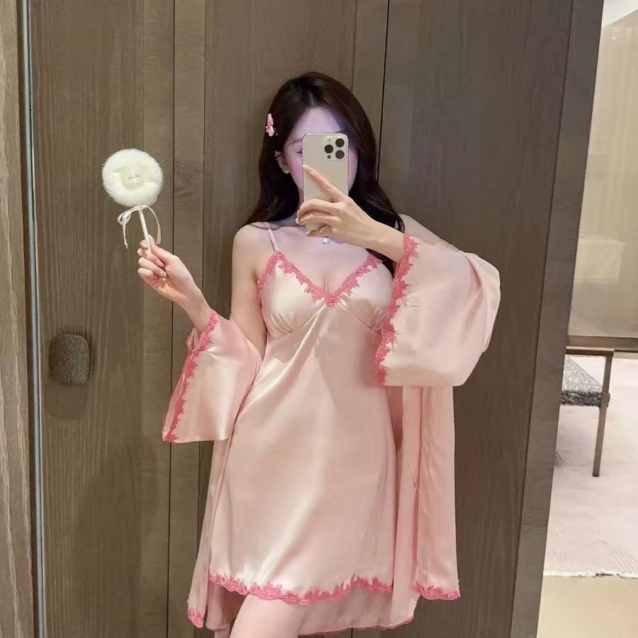 大码300斤法式冰丝两件套睡袍女过膝中长款遮肚宽松200斤蕾丝性感