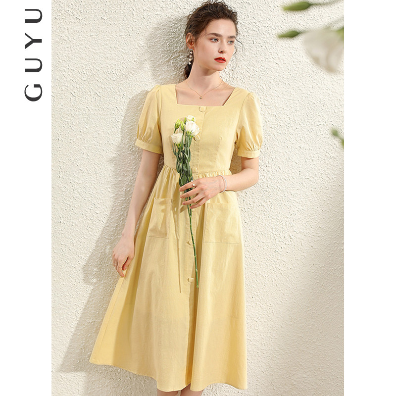 【清仓福利】浅黄色泡泡袖收腰连衣裙女短袖夏中长款职业a字长裙