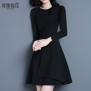 长袖 气质A字裙修身 黑色打底连衣裙 淑女装 气质小黑裙2022秋冬新款