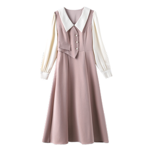 2026春秋新款气质修身白粉撞色A字裙中长款粉色娃娃领长袖连衣裙