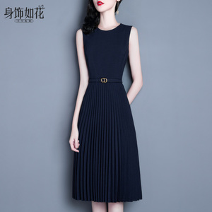 2026春夏新款淑女气质修身A字百褶背心裙无袖中长款藏蓝色连衣裙