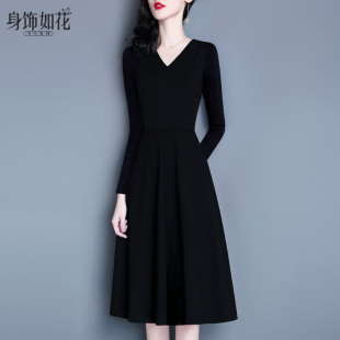 V领长袖 a字中长款 黑色打底连衣裙 淑女气质修身 春秋小黑裙2025新款