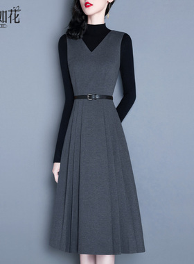 背心裙2025春秋冬新款气质名媛修身a字裙中长款V领灰色无袖连衣裙