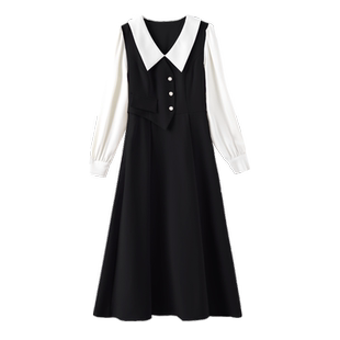 小黑裙2025秋冬新款气质修身a字黑白撞色中长款娃娃领黑色连衣裙