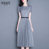 连衣裙2025夏新款 淑女装 气质修身 短袖 显瘦A字裙中长款 灰色百褶裙