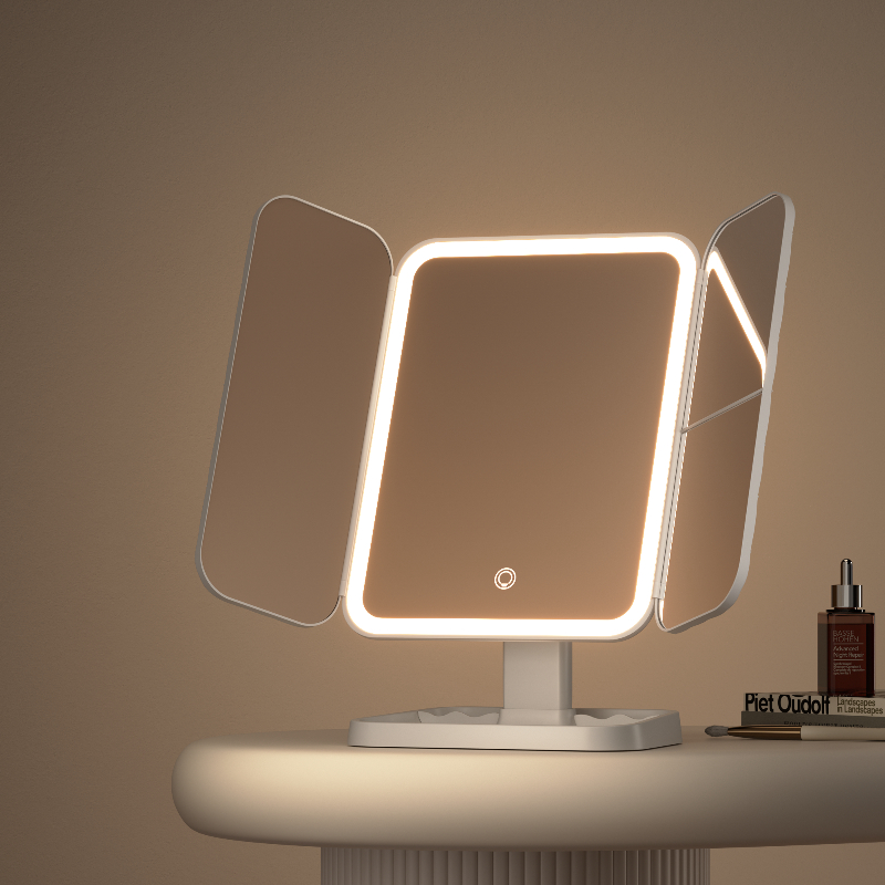 led智能化妆镜白色菱格纹台式美妆镜子女士美妆镜桌面便携梳妆镜