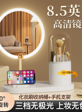 镜子化妆镜带灯台式桌面led旋转收纳盒三合一发光充电补光梳妆镜