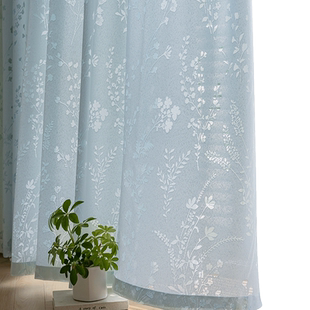 蓝色夏季防晒隔热窗帘纱帘透光不透人飘窗阳台遮阳客厅窗纱镜面纱