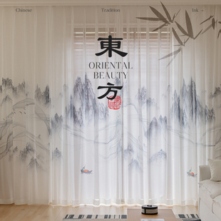 中式 新款 山水画透光白纱帘卧室客厅书房茶室窗纱落地窗成品隔断