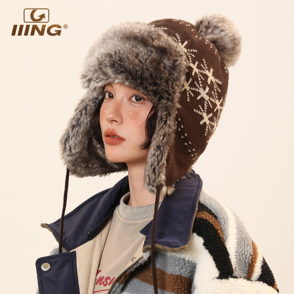 费尔岛风提花毛绒针织护耳帽