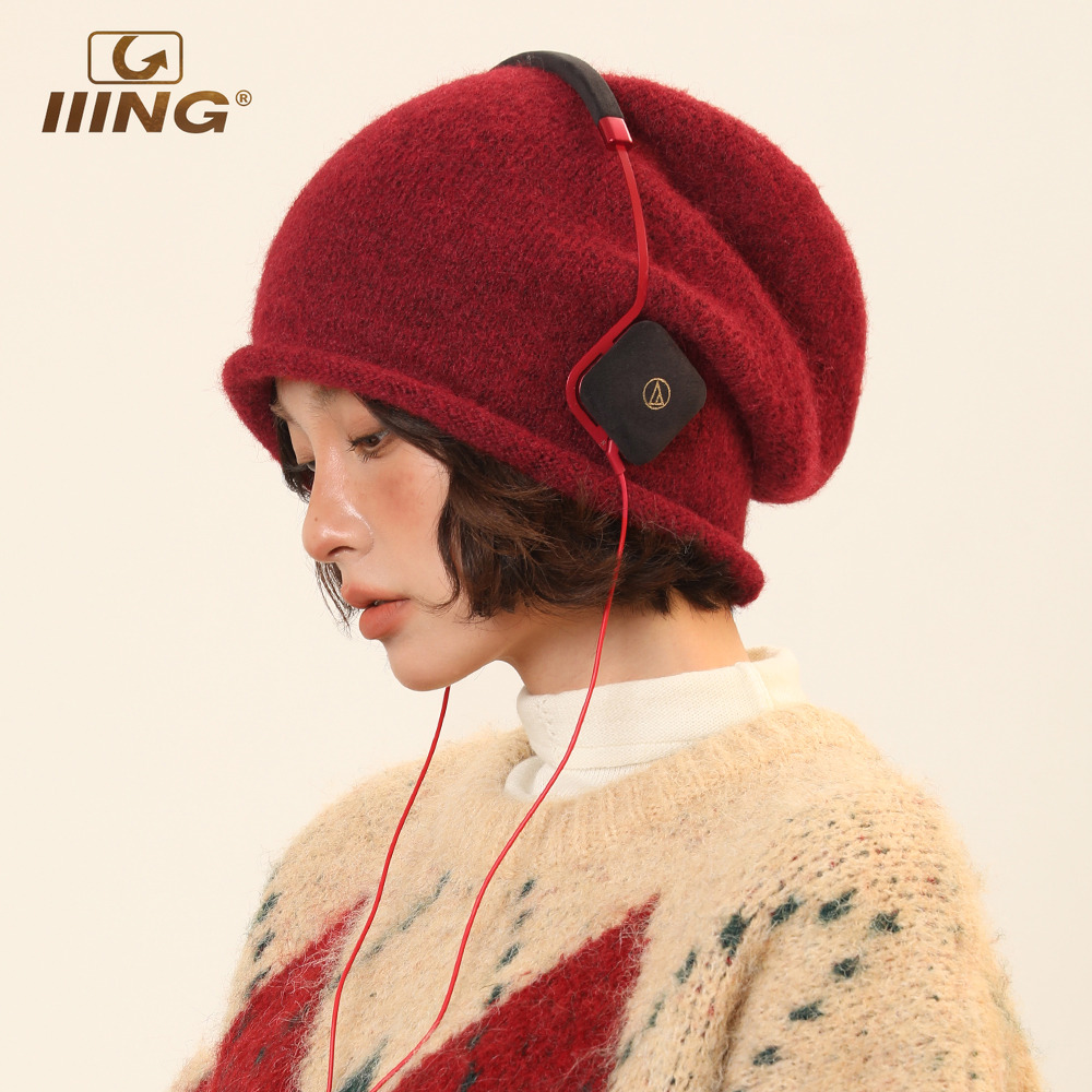 新年红色卷边针织堆堆冷帽