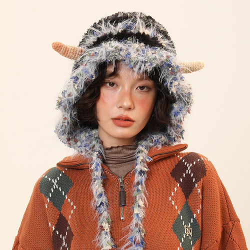 毛绒绒超可爱怪兽角包头帽