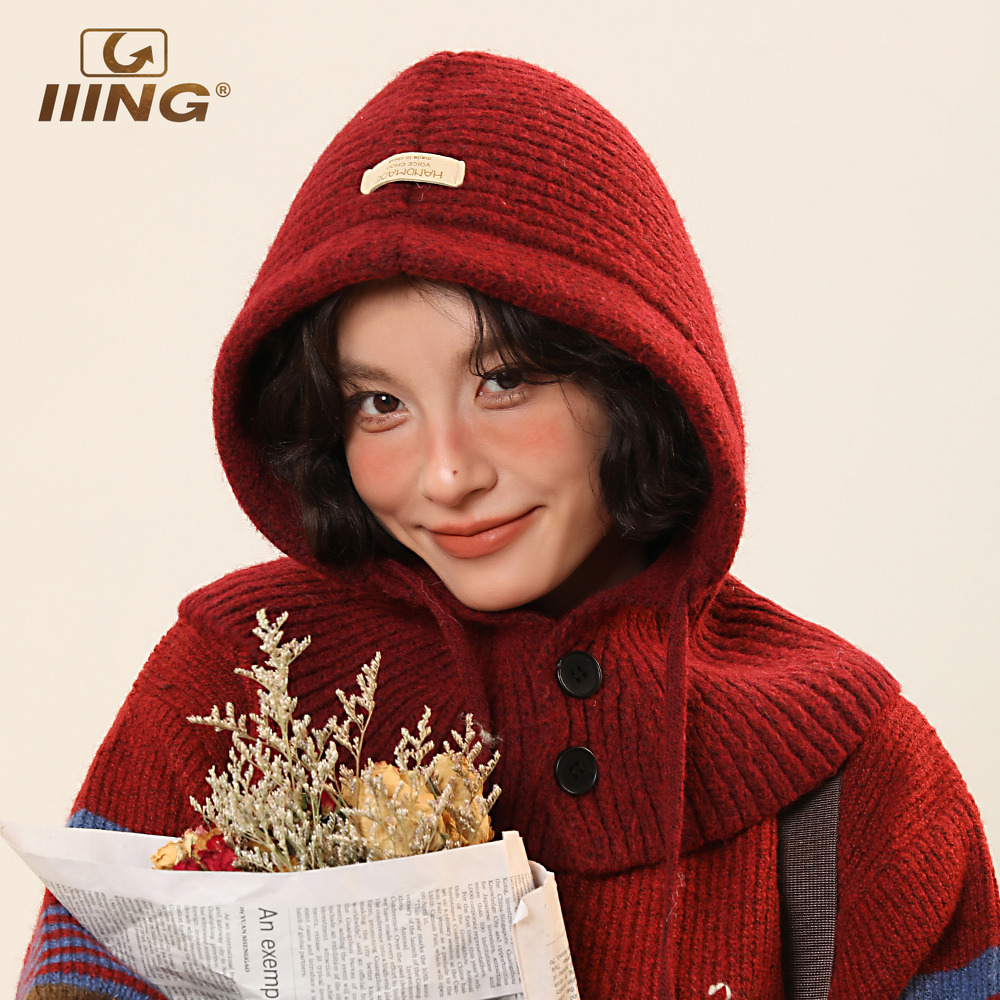 安可拉红帽子围巾一体