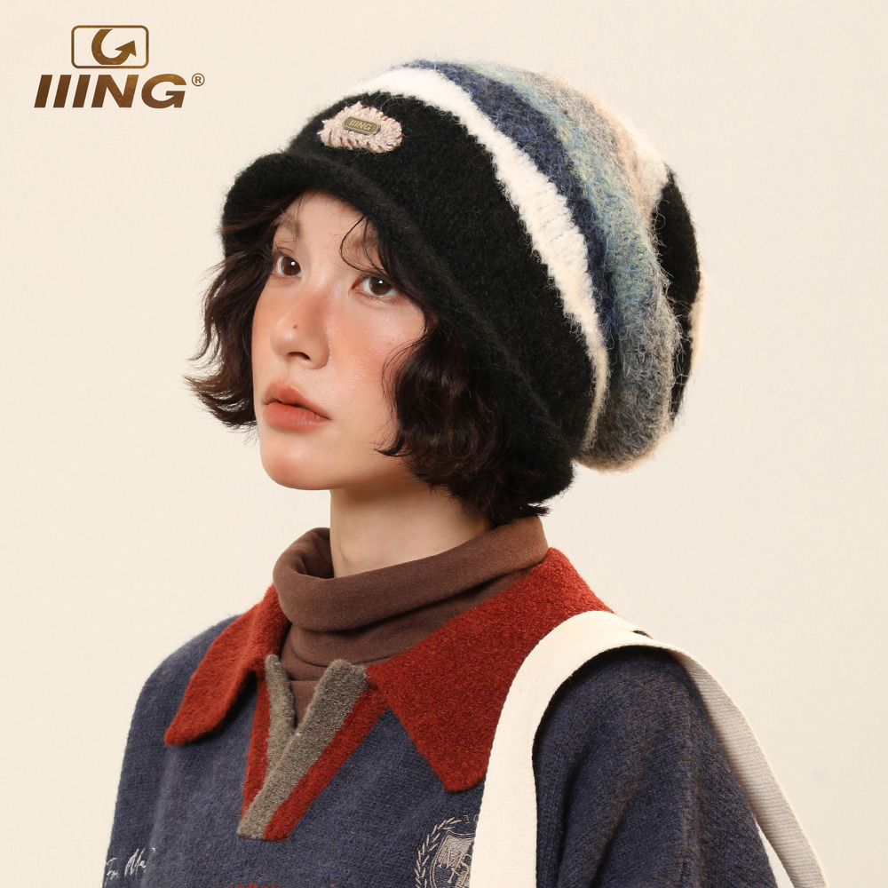 IIING帽控复古条纹显脸小堆堆帽