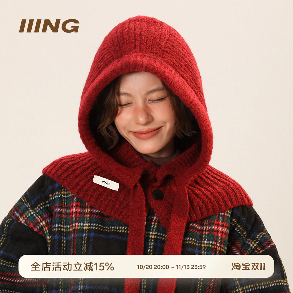 IIING帽控 圣诞新年氛围感小红帽女冬季保暖显脸小巴拉克拉法帽子