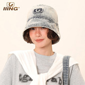 百搭遮阳大头围显瘦盆帽 时尚 IIING帽控 水洗做旧牛仔渔夫帽女夏季