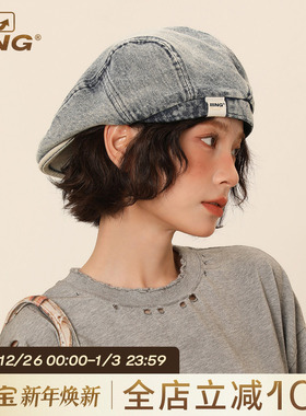 IIING帽控 复古牛仔贝雷帽女夏百搭水洗做旧大头围显脸小前进帽子