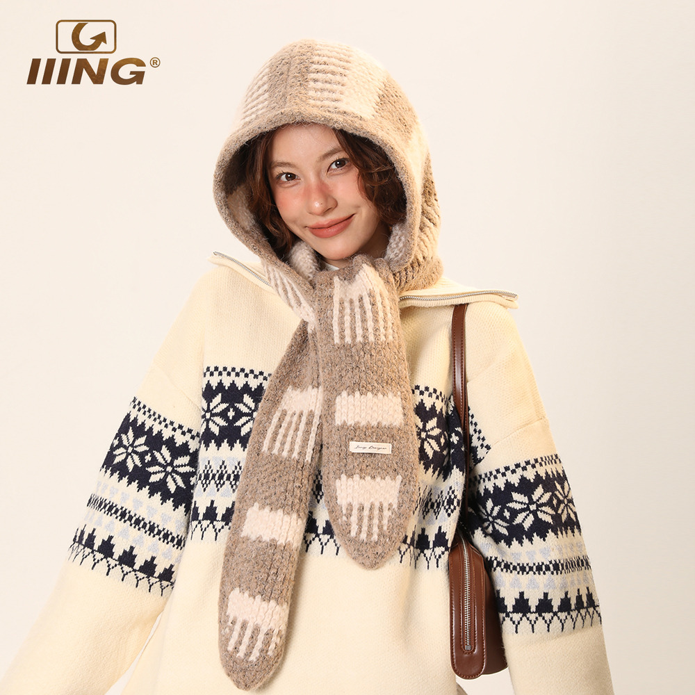 条纹针织巴拉克拉法帽子围巾一体