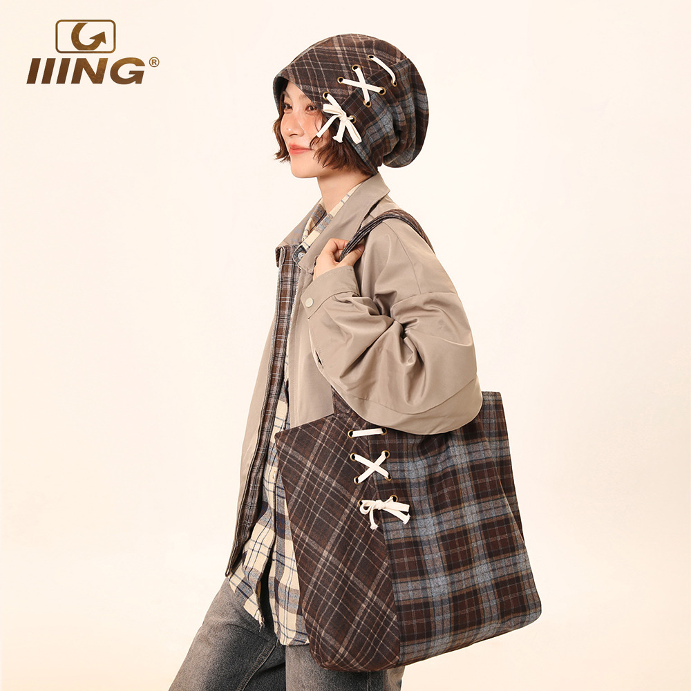 复古格纹穿绳小众帆布通勤包包