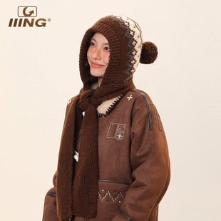IIING帽控 复古费尔岛巴毛球拉克拉法帽女冬保暖毛线帽子围巾一体
