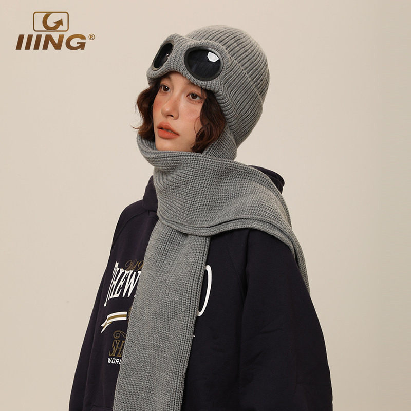 飞行员帽子围巾一体男女冬季滑雪骑车加厚保暖护耳防寒墨镜针织帽