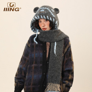 IIING帽控 可爱小熊耳朵帽子围巾一体秋冬保暖护耳含羊毛针织帽女