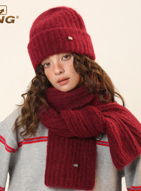 IIING帽控 红色含羊毛针织帽子围巾两件套男女百搭保暖护耳毛线帽