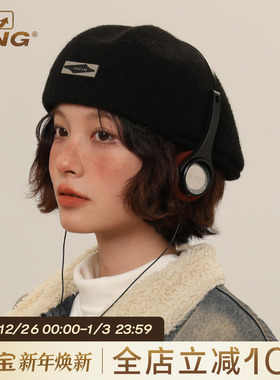 IIING帽控 黑色贝雷帽子女2025新款秋冬季立体大头围画家帽前进帽