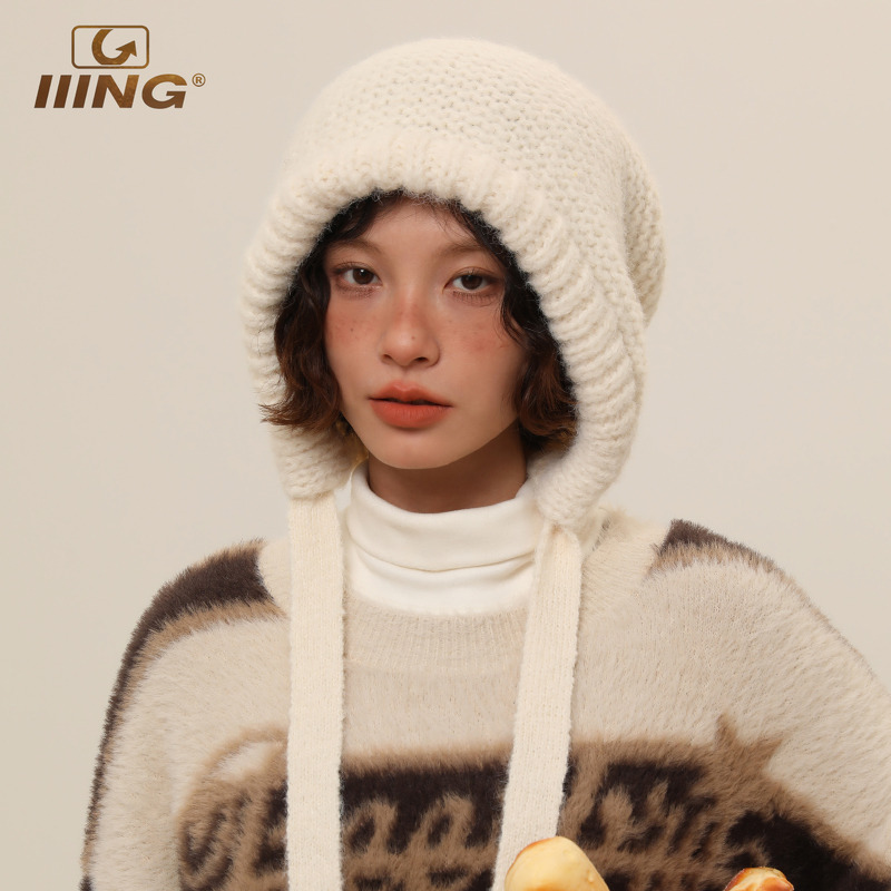 IIING帽控 绑带护耳针织帽包包两用女生秋冬款加厚保暖纯色包头帽