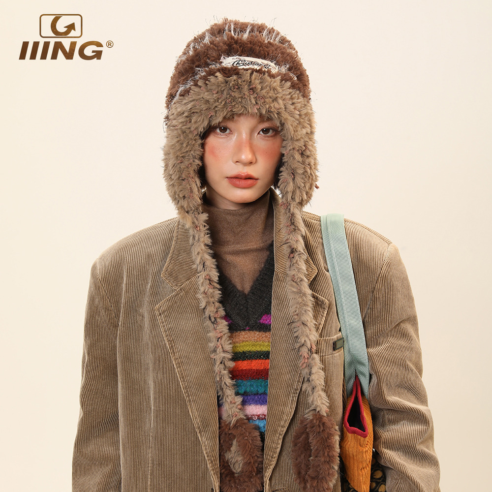 美拉德风毛绒保暖针织套头帽