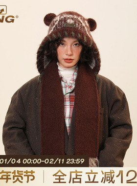 IIING帽控 小熊耳朵可爱针织护耳针织帽女冬加厚保暖帽子围巾一体