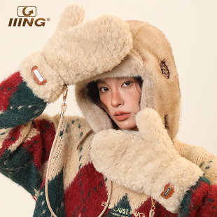 毛绒挂脖手套女秋冬季东北旅游户外保暖防风加厚学生情侣连指手套