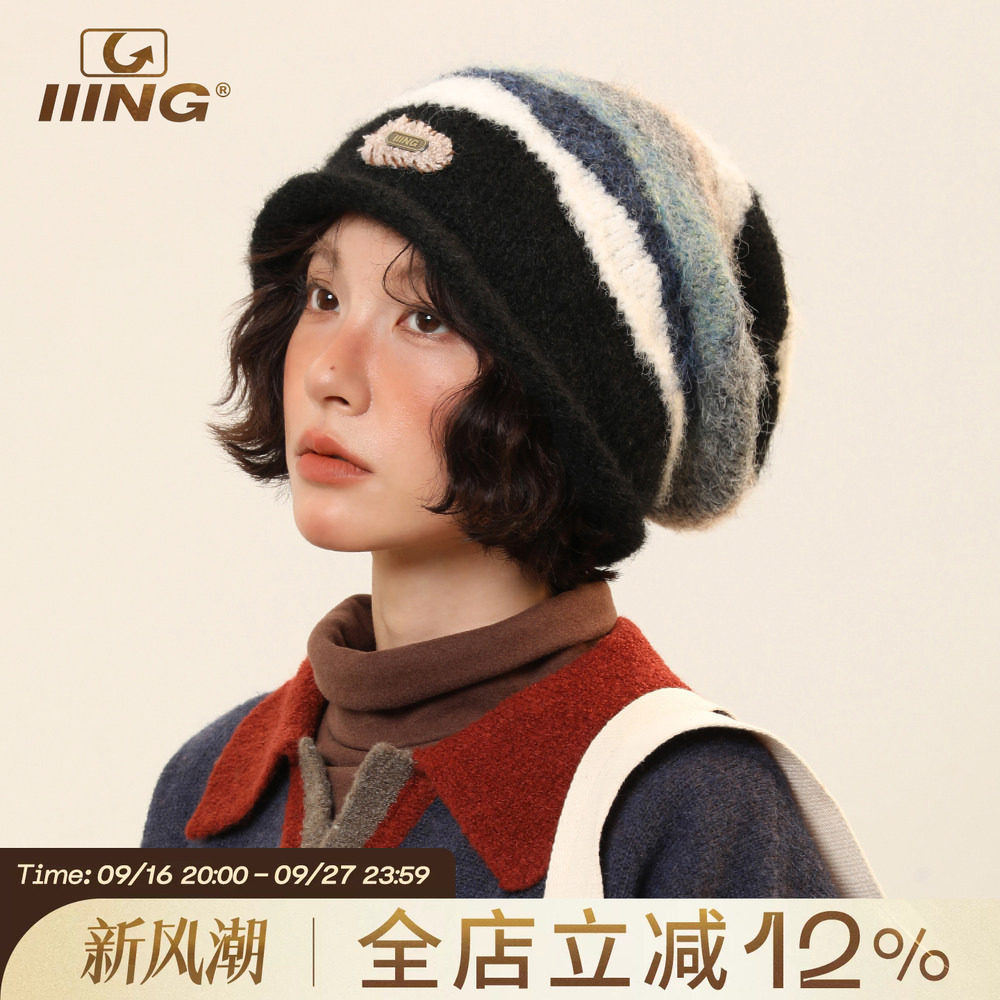 IIING帽控复古条纹显脸小堆堆帽图片