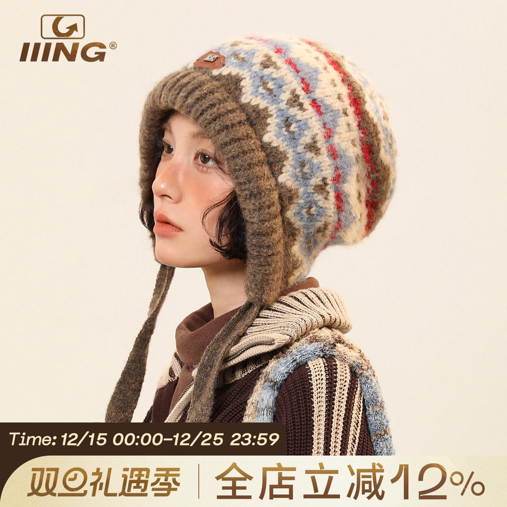 一帽两用复古提花针织包头帽