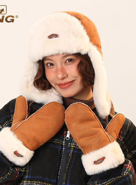 IIING帽控 鹿皮绒冬季保暖雷锋帽子手套两件套女东北旅游护耳防寒