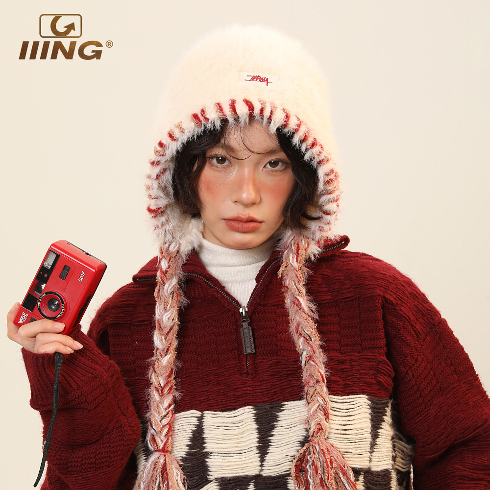 手工针织流苏辫子帽显脸小