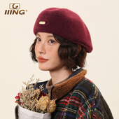 IIING帽控 安可拉红色毛呢反戴贝雷帽女冬保暖显脸小画家前进帽子