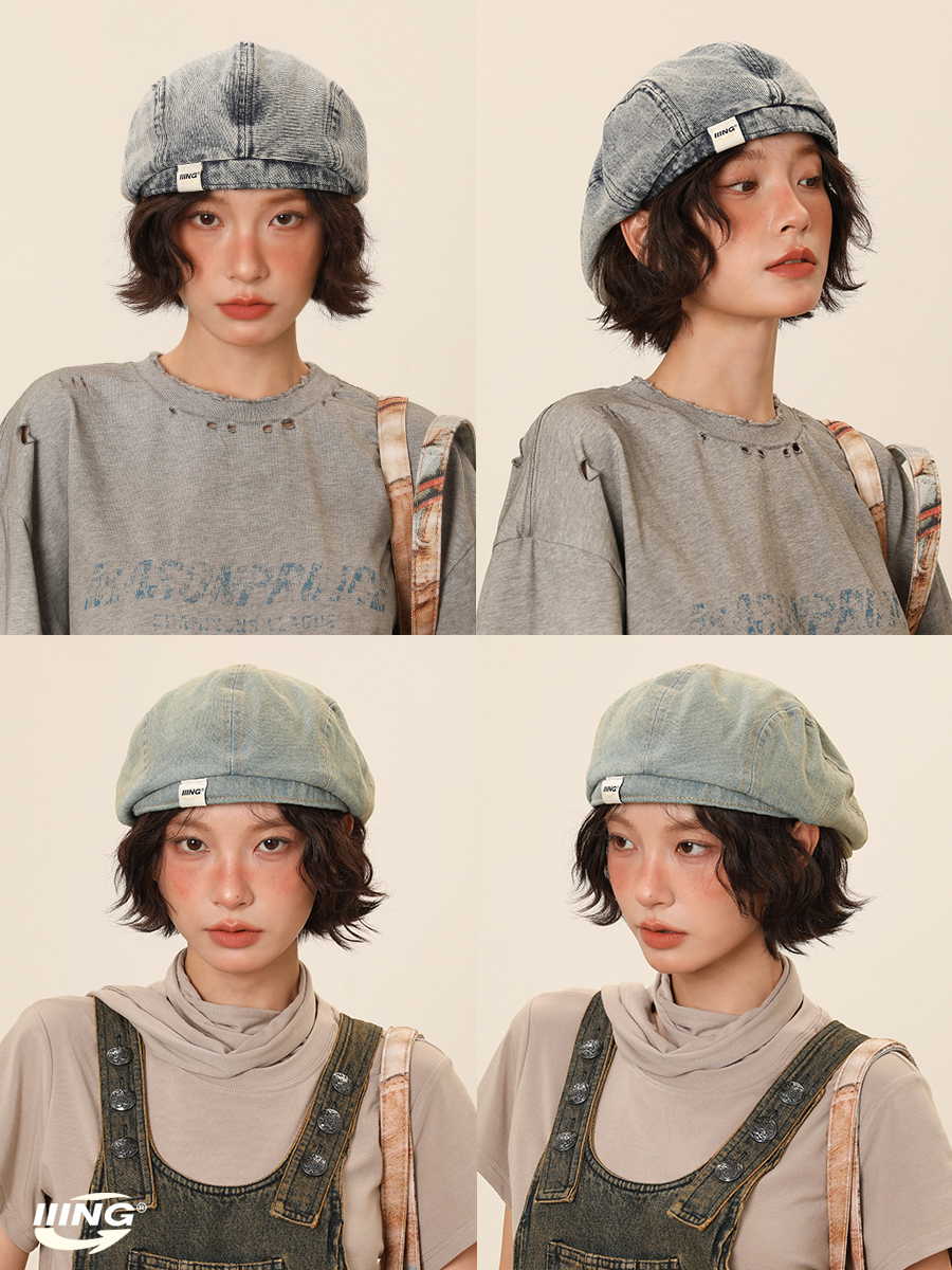 Iiing Hat Enthusiast: Vintage Denim Beret for Women, Summer Versatile, Washed and Distressed, Large Head Circumference, Face-Slimming, Forward Hat