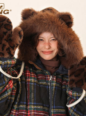 IIING帽控 冬季保暖护耳毛绒雷锋帽女可爱熊猫耳朵帽子手套两件套