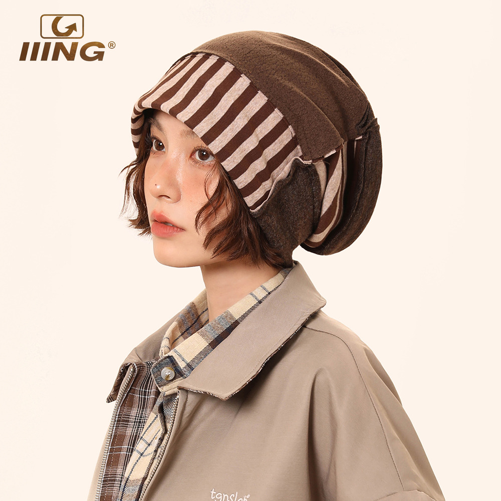 高级感条纹拼接棕色包头堆堆帽